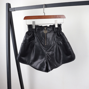新款 真皮短裤 秋季 显瘦花苞百搭热裤 欧货 女高腰休闲绵羊皮阔腿靴裤