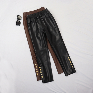 真皮九分裤 显瘦皮裤 女不规则裤 修身 脚金属扣小脚裤 绵羊皮陈太同款