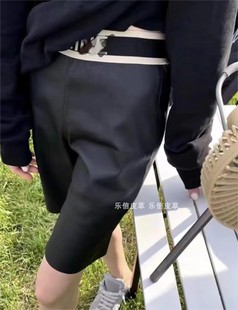 真皮字母松紧腰女黑色高腰五分裤 ViVi同款 显瘦皮裤 中裤 绵羊皮修身