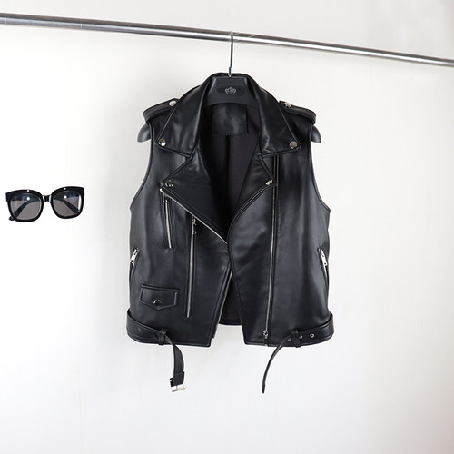 真皮机车马甲女 21秋冬新款绵羊皮个性机车马夹 短款休闲无袖皮衣