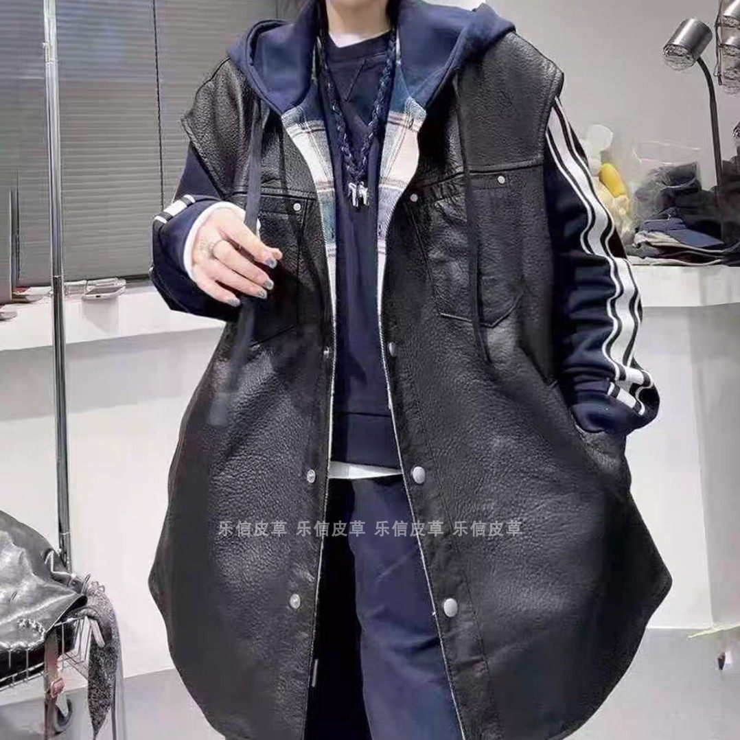 时尚新款真坎肩女绵羊皮连帽个性两面穿显瘦中长款宽松皮马甲外套