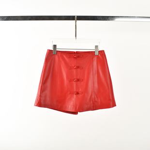 海宁真皮短裤女士绵羊皮复古盘扣短款皮裤A字阔腿裤百搭显瘦裤裙