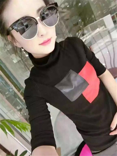 百搭小衫 秋季 修身 绵羊皮女高领七分袖 毛衣 真皮拼接弹力针织打底衫