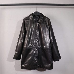 外套 翻领宽松显瘦可拆鹅绒内胆保暖长袖 复古风真皮皮衣女款 中长款