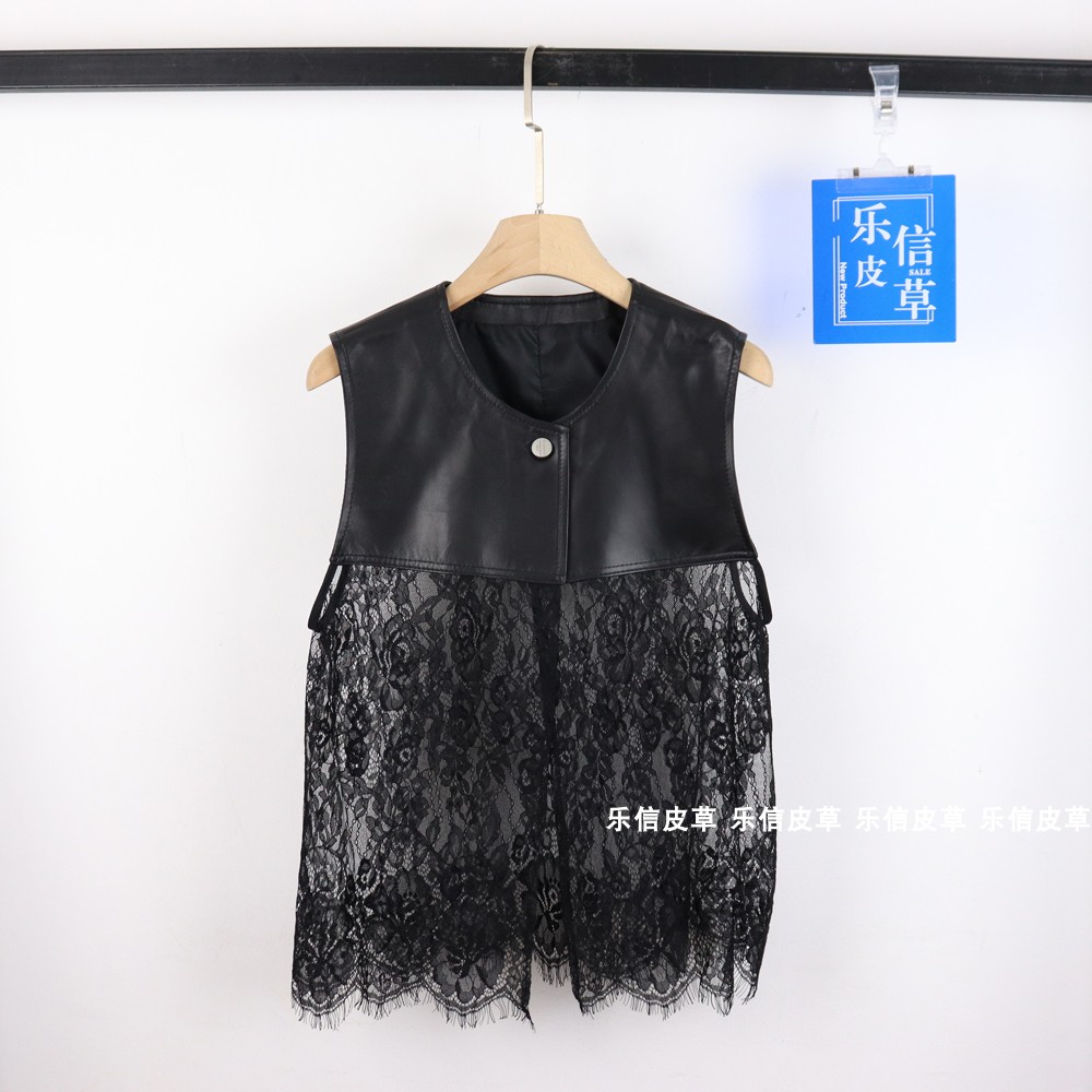 蕾丝拼接百搭真皮女装欧美风