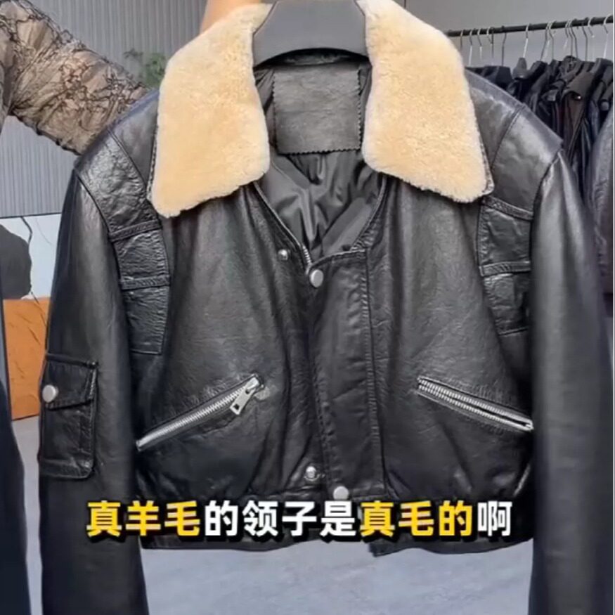 网红同款真皮羊毛领机车皮衣女