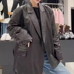 新款时尚真皮羊皮皮衣女中长款宽松廓形西装领显瘦酷感简约风外套