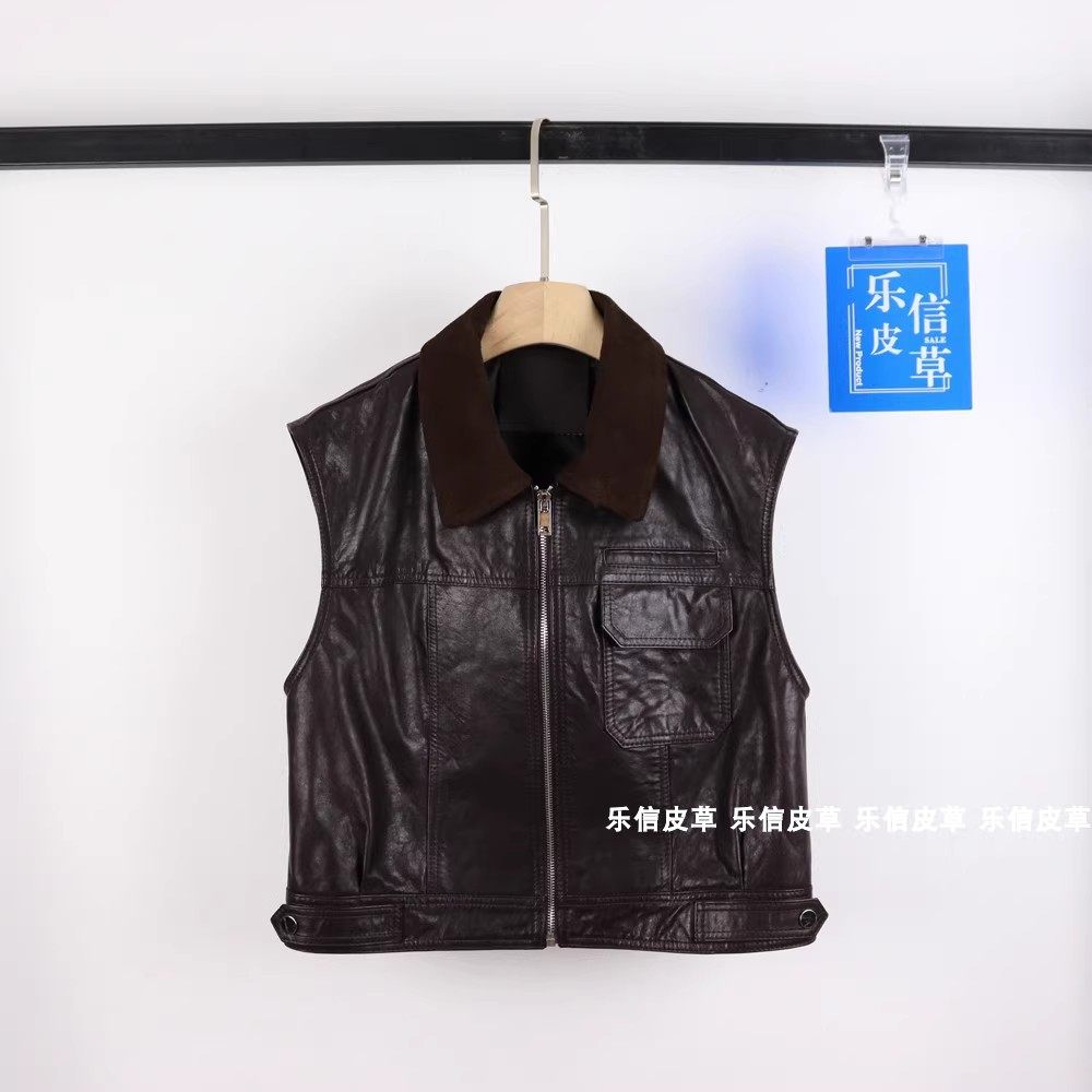 秋新款真皮马夹女原创设计个性绵羊皮休闲机车马甲工装背心时尚