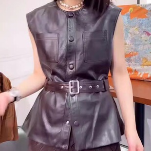 真皮新款皮衣女绵羊皮腰带收腰显瘦皮夹克休闲复古气质百搭皮马甲