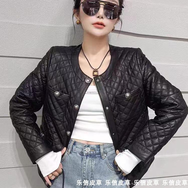 新款真皮皮衣女加棉机车服绵羊皮洋气爆款外套2024年秋冬菱形格