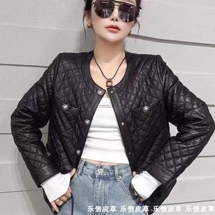 新款真皮皮衣女加棉机车服绵羊皮洋气爆款外套2024年秋冬菱形格