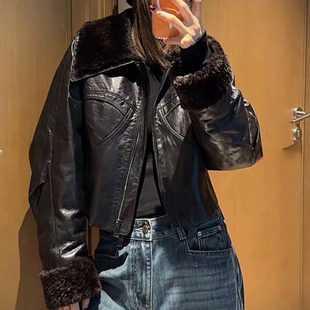 冬季新款真皮时尚毛领皮衣女短款拉链皮夹克高级感加厚鹅绒服外套