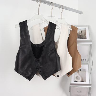 百搭短款U型真皮马甲绵羊皮