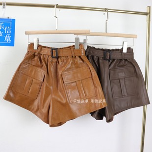 绵羊皮工装短裤女真皮高腰松紧腰阔腿裤A字宽松显瘦纯皮腰带靴裤