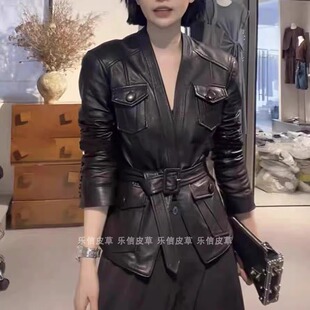 真皮V领绵羊皮腰带收腰长袖 气质时尚 皮衣女款 中长款 外搭 修身 新款