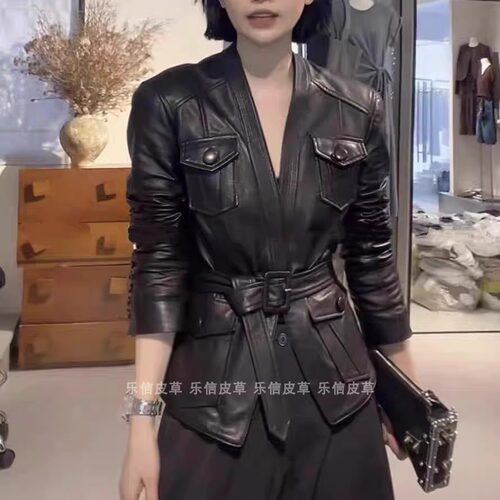 新款真皮V领绵羊皮腰带收腰皮衣