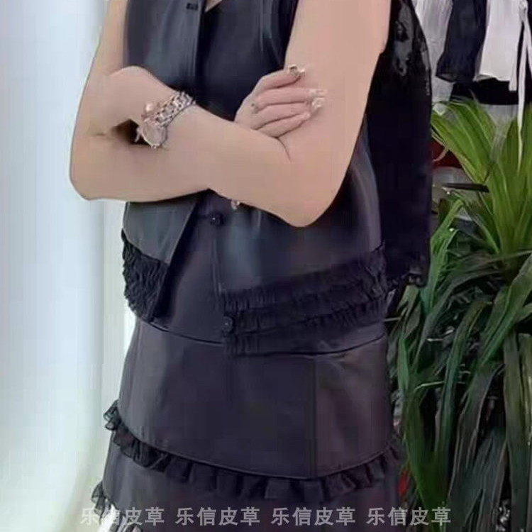 新款真绵羊皮时尚蕾丝边马甲皮裙