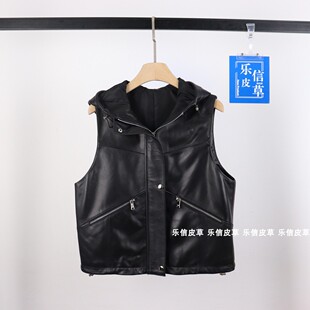 2024秋冬新款连帽真皮马甲女绵羊皮短款背心坎肩外套时尚设计百搭