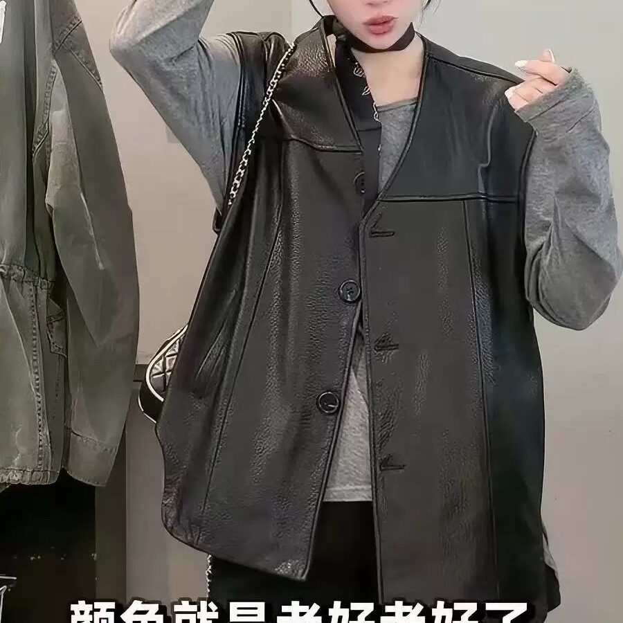 黑色真皮女中长款单排扣马甲