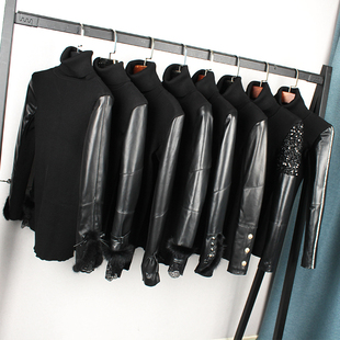 皮袖打底衫女冬加绒加厚修身内搭配皮草马甲皮裙羽绒棉中长款毛衣