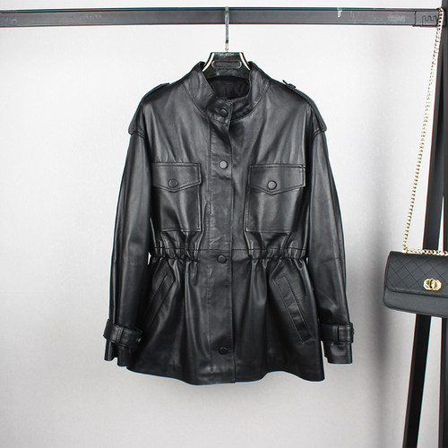 宽松立领夹克收腰显瘦真皮皮衣