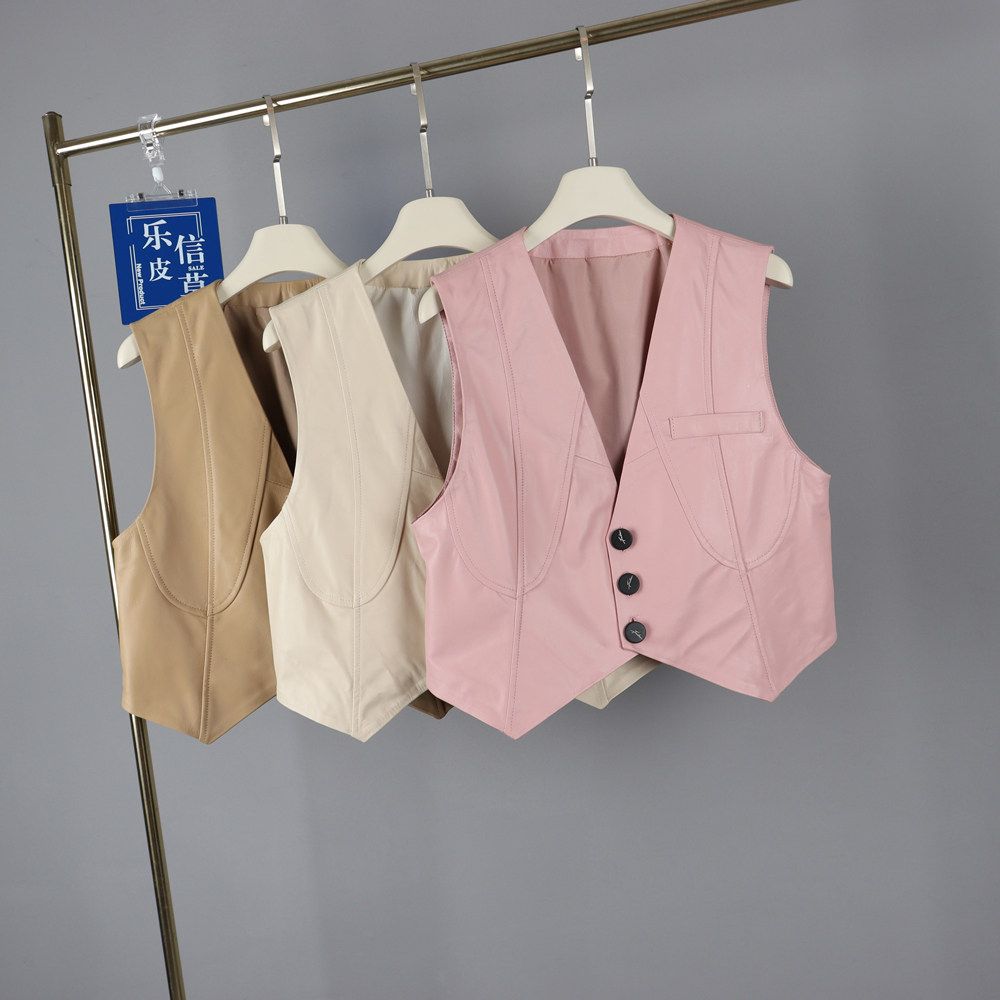 网红同款真皮彩色马甲爆款绵羊皮修身显瘦单排扣小背心纯色坎肩