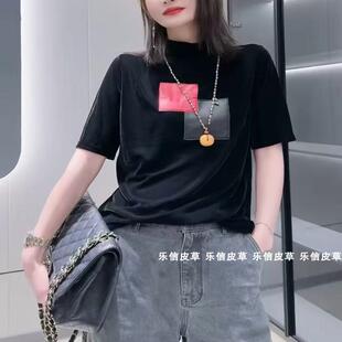 2025新款真皮拼接丝绒打底衫半高领修身时尚百搭绵羊皮显瘦小衫