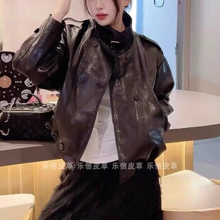 上衣皮夹克外套 百搭双排扣显瘦气质长袖 新款 真皮皮衣女绵羊皮时尚