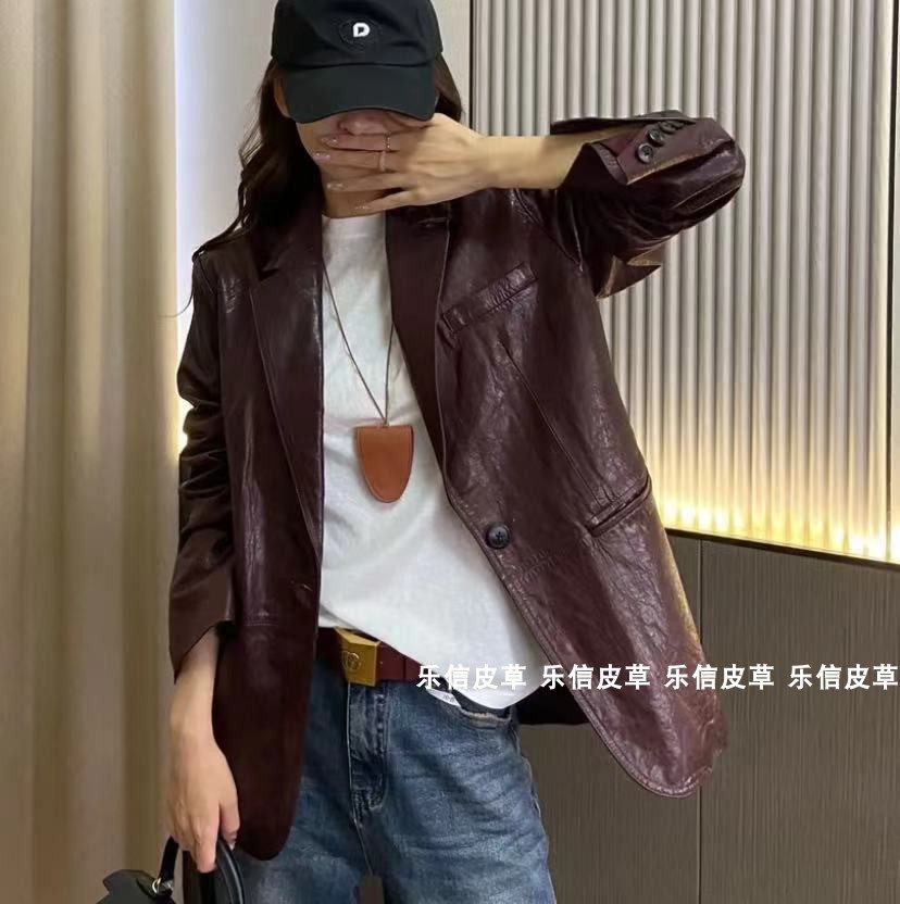 油蜡中长款皮夹克外套赫本宽松