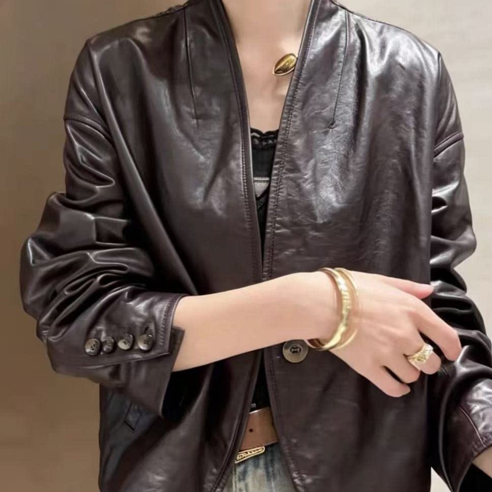海宁真皮V领短款棕色女皮衣