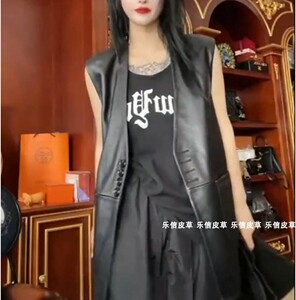 明星同款黑色无袖背心女宽松马甲上衣休闲百搭真皮绵羊皮轻奢潮流