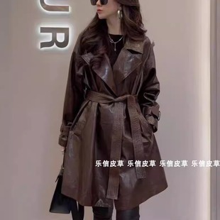 海宁2025春季新款皮衣外套女高级感中长款系腰带真皮油蜡皮风衣