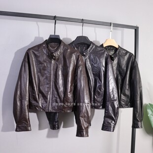 外套 气质百搭休闲复古圆领简约短款 洋气新款 真皮皮衣女绵羊皮时尚