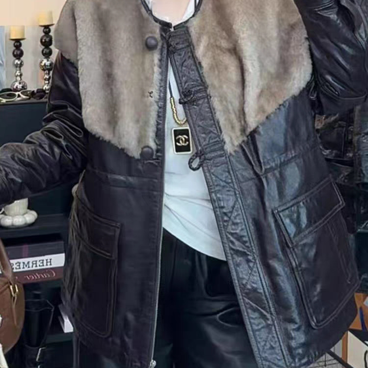 新款真皮皮毛一体拼接羊毛鹅绒皮衣女中长款宽松保暖真皮长袖外套