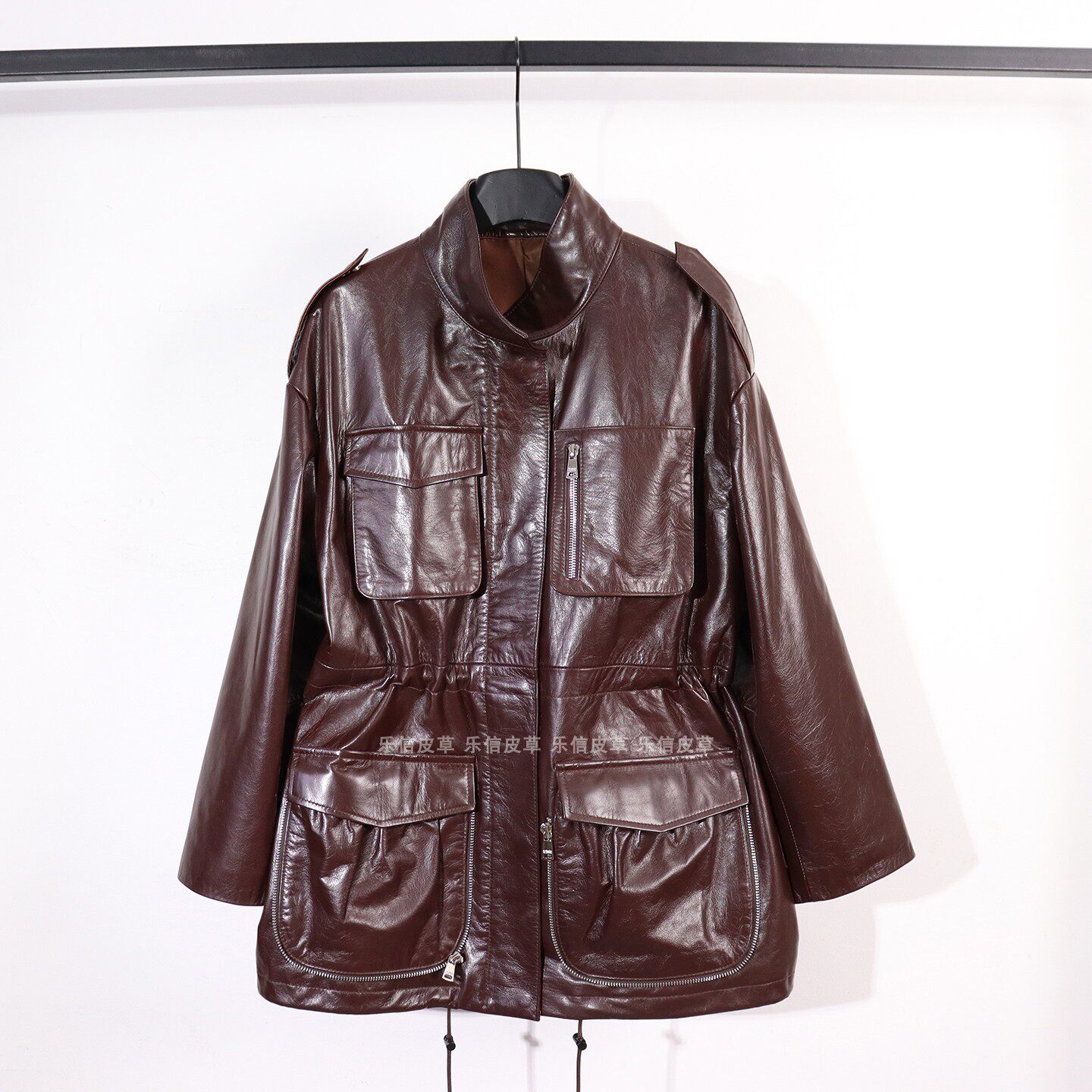 复古立领真皮皮衣女中长款多口袋宽松外套高级感收腰抽绳时尚上衣