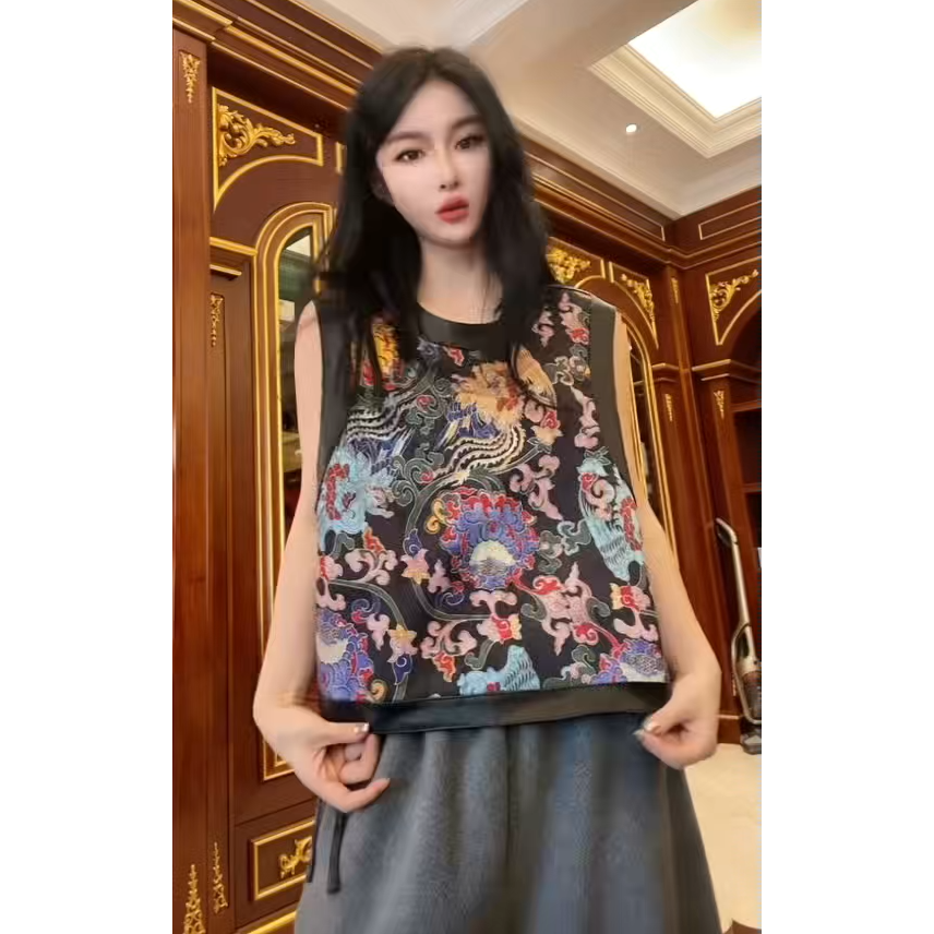 新款真皮马夹女短款无袖圆领羊皮拼接刺绣国风马甲中式复古上衣,女装/女士精品,皮衣,淘宝优惠券,粉丝福利购,淘宝优惠卷