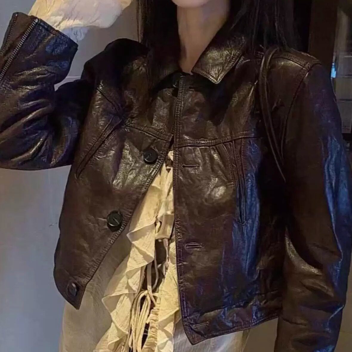 复古机车真皮短款显瘦女皮衣