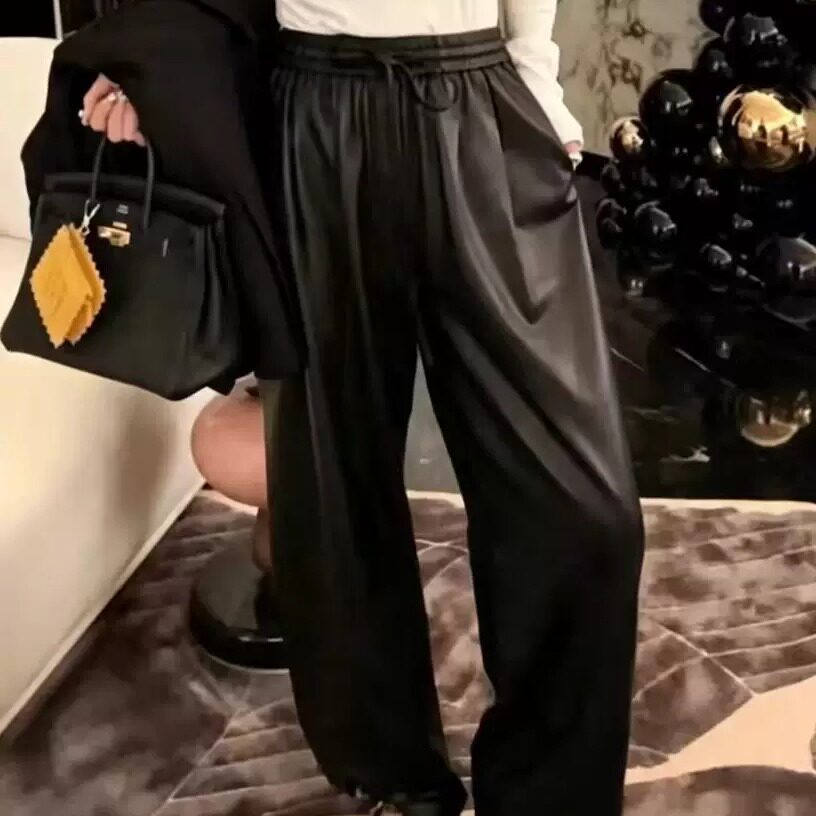 黑色绵羊皮显瘦阔腿拖地皮裤女