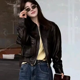 时尚新款真皮皮衣女款短款翻领机车风黑色羊皮夹克高级感长袖外套