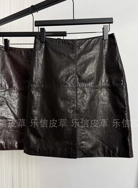 黑色绵羊皮高腰显瘦A字皮裙
