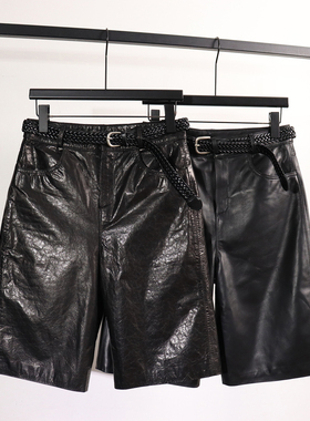 新款真皮五分裤女黑色显瘦高腰系腰带阔腿裤通勤百搭时尚气质皮裤