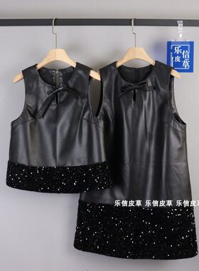 通勤A字裙真皮绵羊皮纯色蝴蝶结