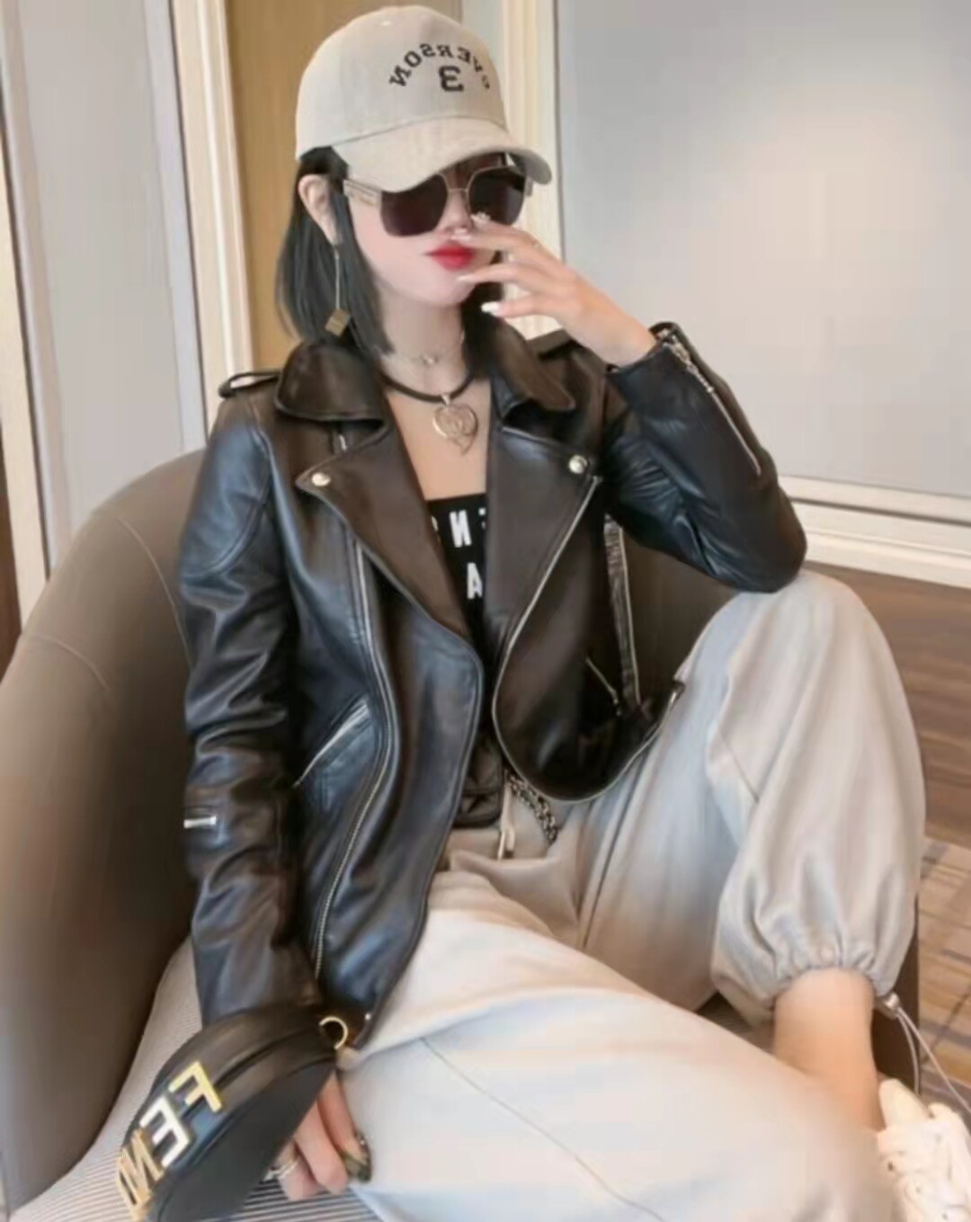 百搭机车短款真皮绵羊皮