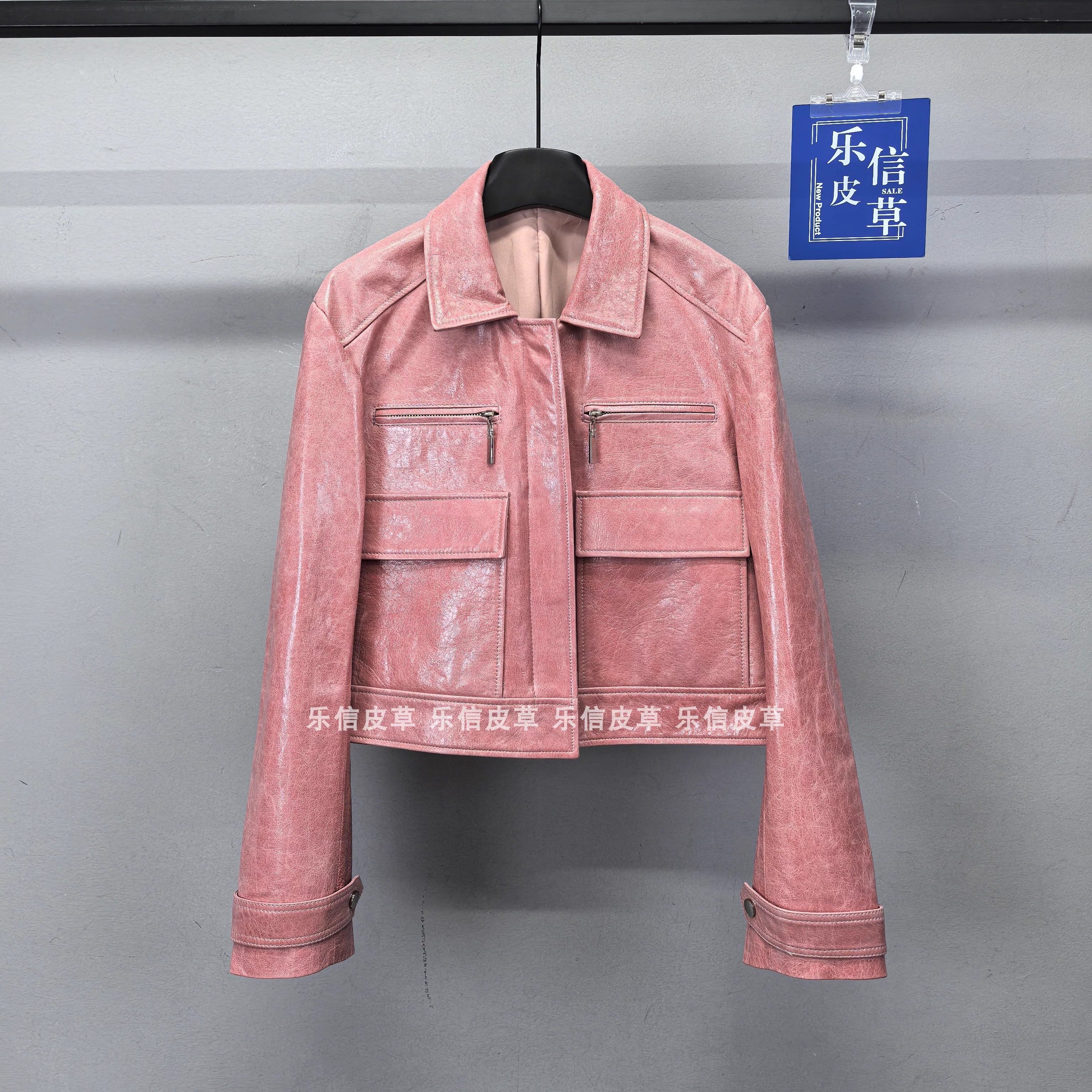 爆款洋气新款真皮皮衣时尚绵羊皮翻领口袋机车夹克短款外套皮夹克