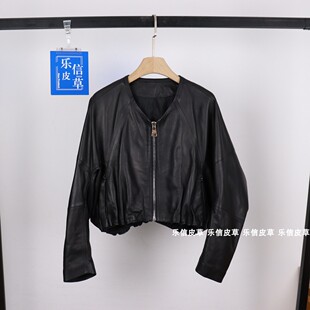 拉链圆领皮衣通勤设计感减龄女装 绵羊皮真皮上衣长袖 皮夹克蝙蝠袖