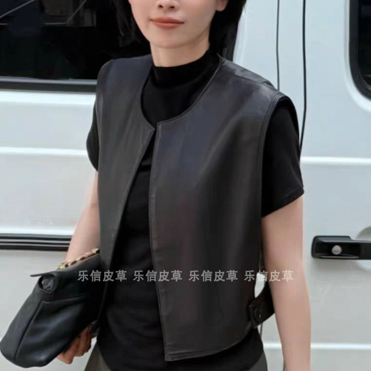 时尚新款真皮皮衣女绵羊皮百搭气质休闲显瘦短款皮无袖马甲外套