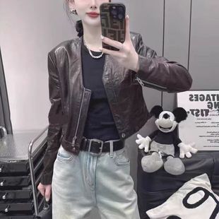 真皮皮衣女新款 休闲V领气质皮衣外套 百搭显瘦皮夹克绵羊皮时尚