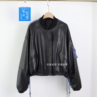 2023秋冬新款真皮棉服女短款外套绵羊皮拼接牛仔圆领宽松保暖皮衣
