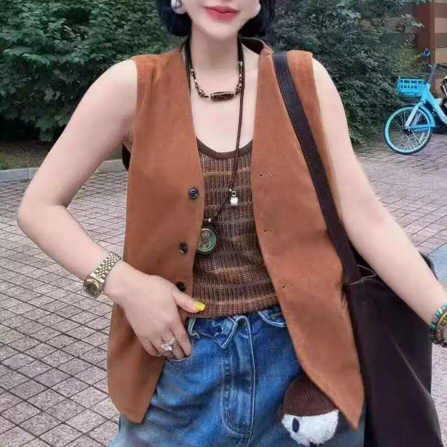 游牧风真皮短款马甲女棕色开衫