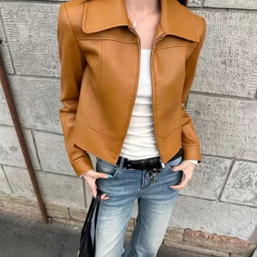 短款真皮翻领显瘦皮衣小个子